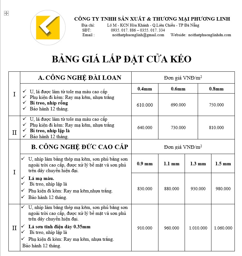 Bảng giá lắp đặt cửa kéo Nội Thất Phương Linh